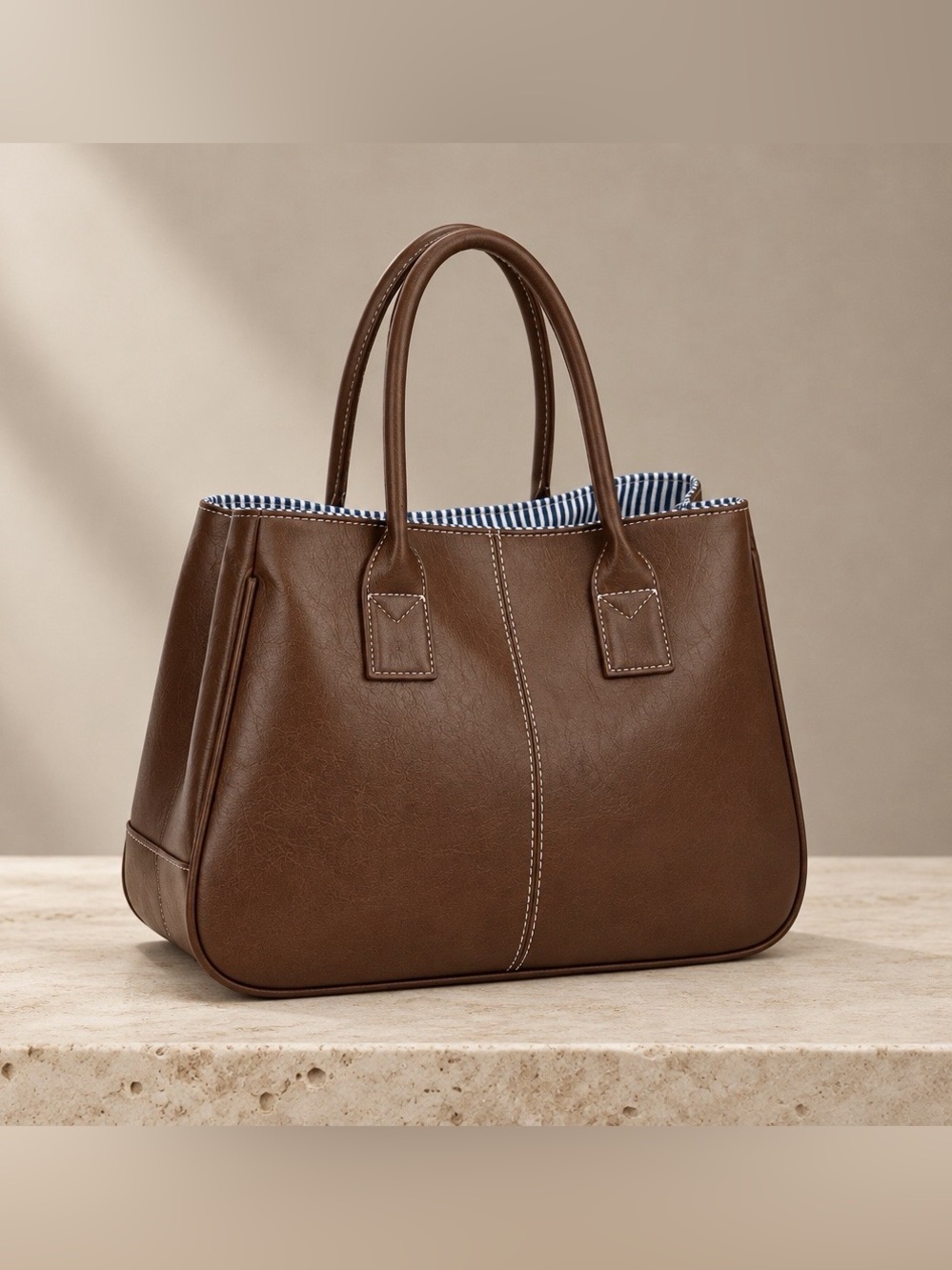 Brown NWOT Faux-Leather Tote w/Blue & White Striped Lining Zip & Pockets